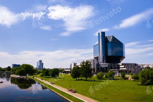 Preview: Top view of the National library and a new neighborhood with a Park in Minsk.Belarus, public