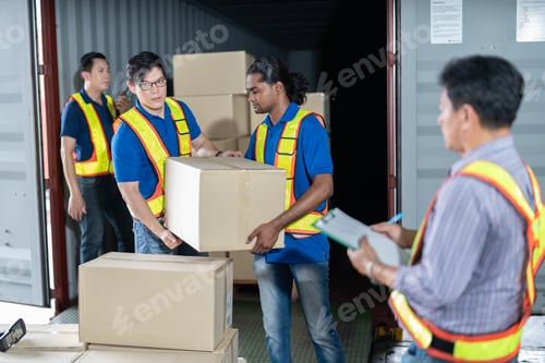 Preview: Workers open steel 40 feet container doors carry box supervisor standing check paper checklist