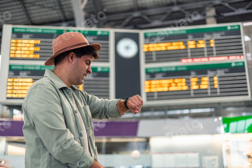 Preview: latin Tourist checking time on smartwatch while waiting for train departure