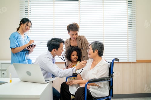 Preview: Caring Doctor Examines Senior Woman with Family