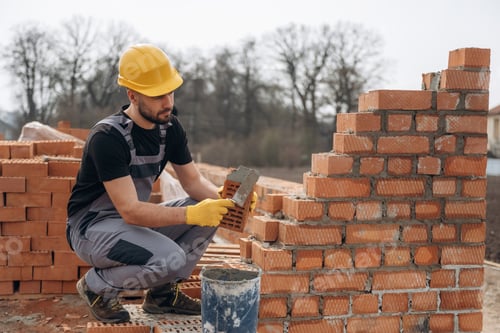 Preview: Orange colored hard hat. Construction worker is at job with bricks outdoors