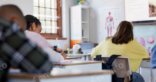 Preview: Education, study and writing with students in classroom for learning, scholarship and anatomy. Biol