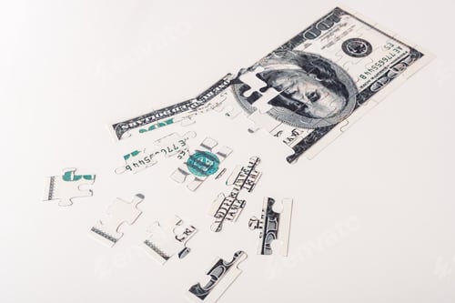 Preview: jigsaw puzzle pieces of dollar banknote isolated on white