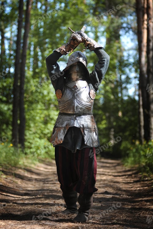 Preview: Medieval knight in armor with a sword in the summer in the forest