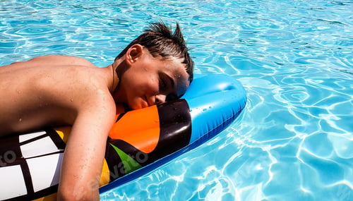 Preview: Little boy hugging his float in the pool thinking about snack time and other good thoughts while