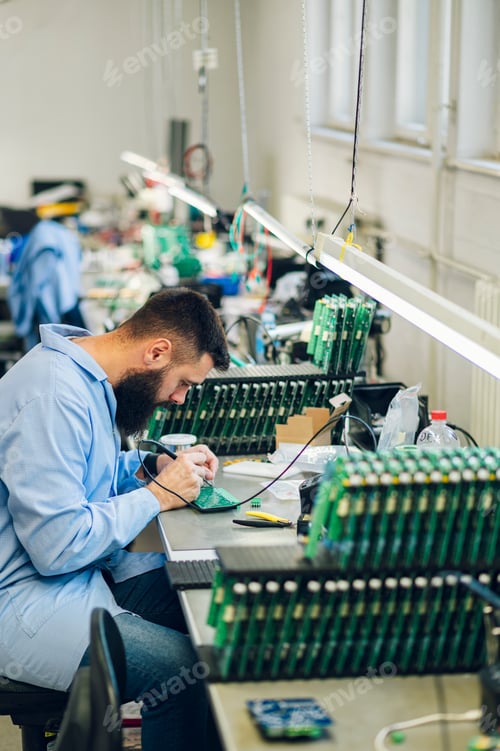 Preview: Electronics engineer working in a workshop with tin soldering parts