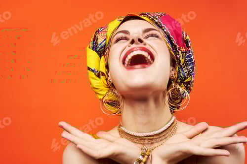 Preview: cheerful woman multicolored headscarf red lips oriental style red background