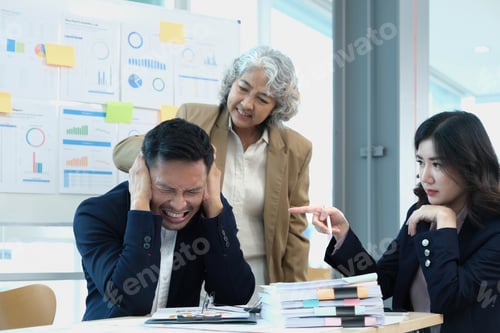Preview: Stressed annoyed office employee having headache migraine at business finance meeting