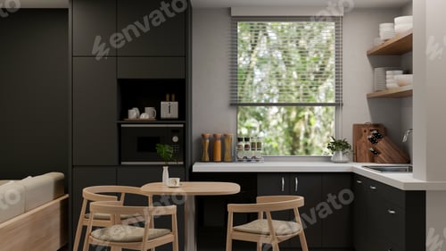 Preview: Modern stylish black and white kitchen with black kitchen cabinet and cupboard, dining table