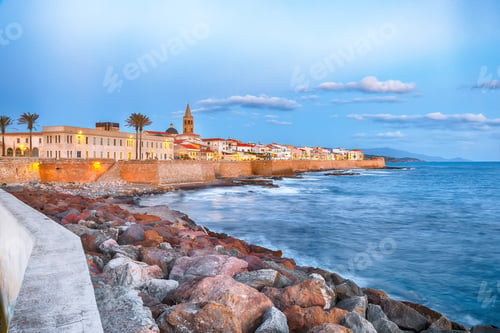 Preview: Amazing evening cityscape of historical part of Alghero town.