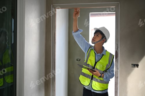 Preview: Engineer in safety helmet using digital tablet, checking building construction progress.