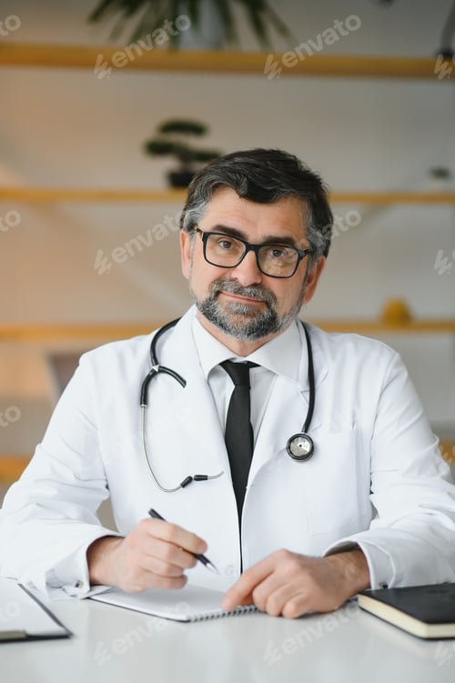 Preview: Serious professional senior elderly doctor doing paperwork checking medical documents