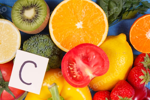 Preview: Fruits and vegetables containing vitamin C and natural minerals, healthy nutrition concept