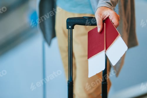 Preview: Close-up of passports and boarding pass in female hands at airport