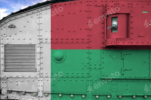 Preview: Madagascar flag depicted on side part of military armored tank close up