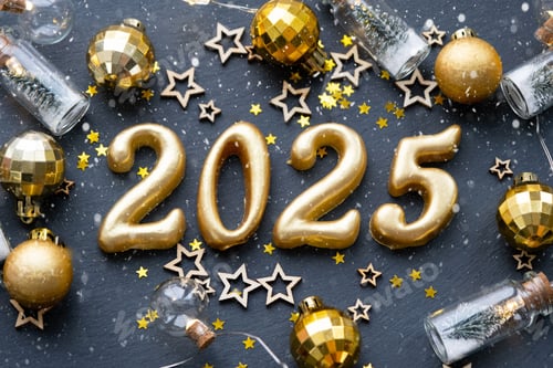 Preview: The golden figures 2025 made of candles on a black stone slate background are decorated with a festi