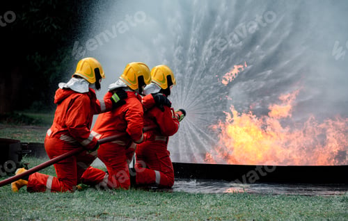 Preview: Firefighters safety using twirl water fog type fire extinguisher to fighting with fire from oil and