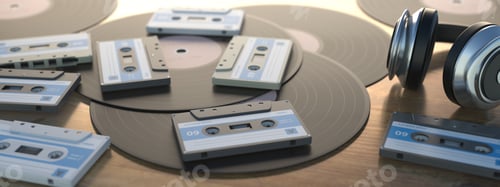 Preview: Retro audio cassette tapes and vinyl records on wooden table background, banner. 3d illustration