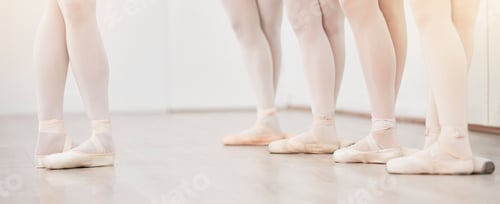 Preview: Ballet, leader and dancer group feet in dance studio training in artist academy with white wall and