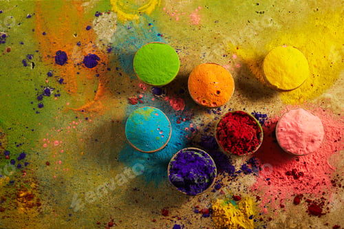 Preview: Colorful traditional Holi powder in bowls. Happy Holi. Concept Indian color festival.