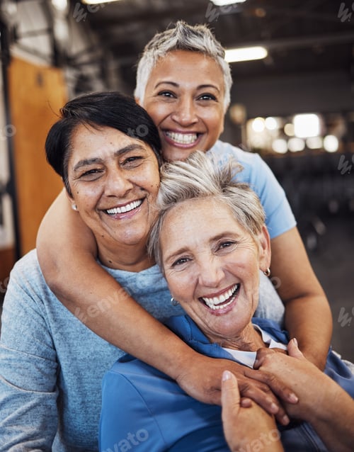 Preview: Mature women, portrait or hug in training, workout or gym for healthcare wellness, bonding goals or