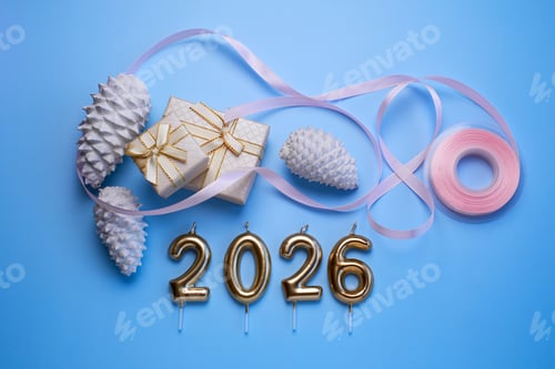 Visualização: Configuração de celebração com velas douradas e decorações festivas para o Ano Novo