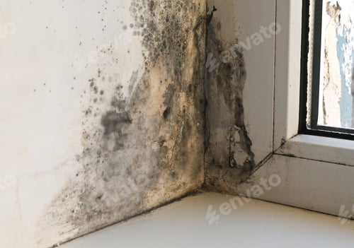 Preview: mold on apartment window. Fungal colonies are at joints of frames, adjacent walls.