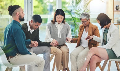 Preview: Business people, holding hands and circle with prayer, together or faith for worship, gratitude or
