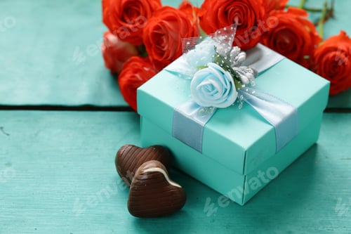 Romantic Gift with Roses and Heart Chocolates