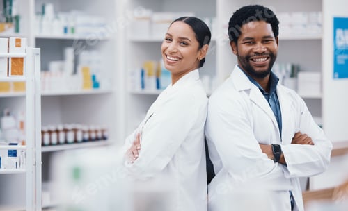 Preview: Pharmacists, people and arms crossed in portrait, medicine trust or about us healthcare in medical