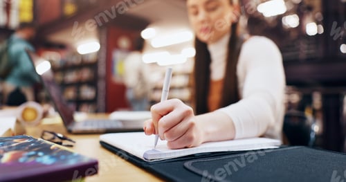 Preview: Research, writing and notebook with student in library for knowledge, education and college thesis.