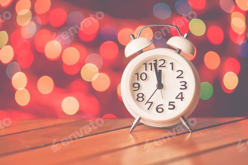 Preview: Countdown Time On Alarm Clock And Bokeh On Red Background