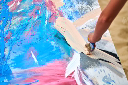 Preview: Drip painting expression art on canvas with blue, pink and beige colors, artist art performance