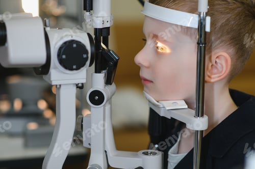 Preview: Ophthalmologist examining child's vision with modern equipment in clinic