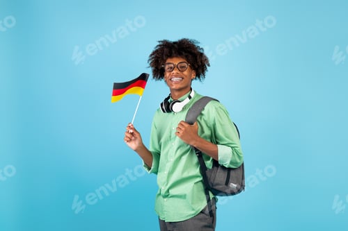 Preview: Modern education and knowledge exchange. African american teen guy with backpack and small Germany