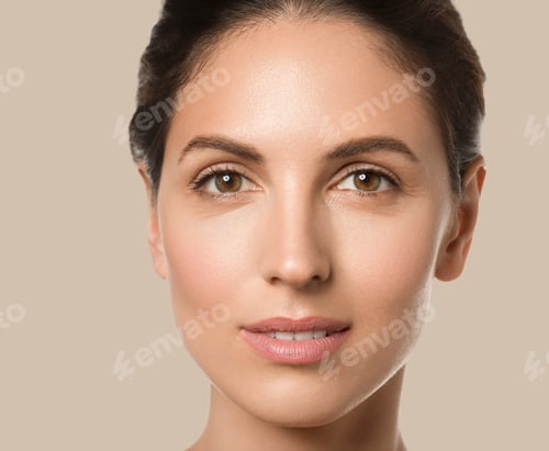Preview: Woman beauty face healthy skin natural clean fresh face. Close up view. Color background. Brown