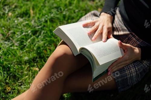 Vista previa: close up. girl sitting on a bench in the park and reading book
