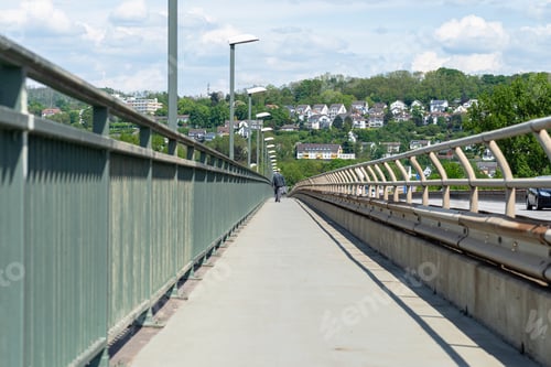 Preview: Pedestrian crossing on a highway bridge over a river in West Germany, you can see a man walking.