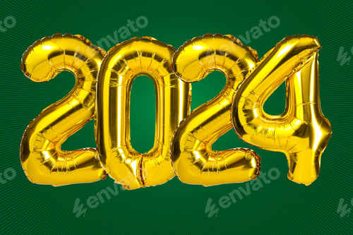 Preview: New Year 2024 celebration. Golden Yellow foil color balloons. 2024 balloons. On green background