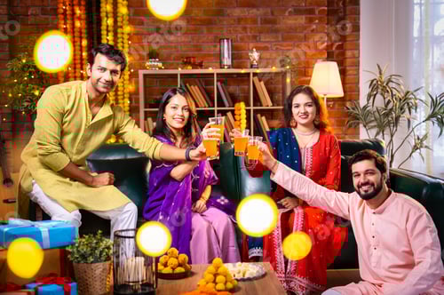 Preview: Drinking fruit juice during Diwali with Indian family and friends in traditional decorated home