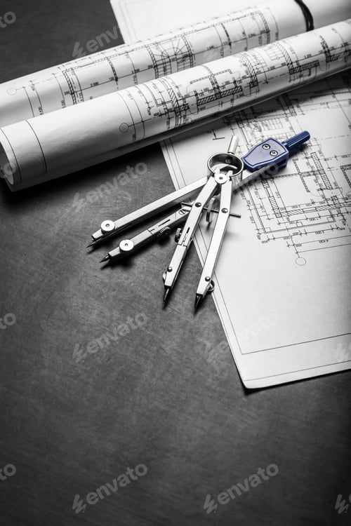 Preview: Construction planning drawings on black background