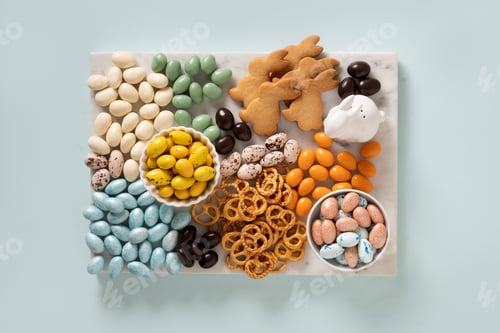 Preview: Sweet charcuterie board Easter on blue background. Top view.