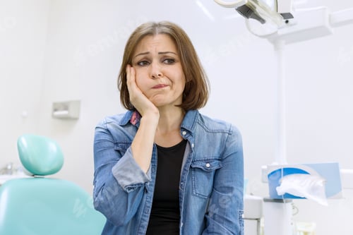 Preview: Mature woman holding hands over head with toothache, background dentist office.