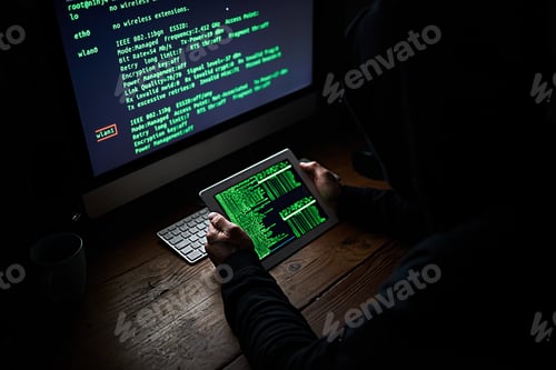 Preview: High angle shot of an unidentifiable hacker using a computer late at night