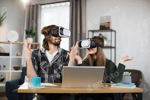 Preview: Young people playing games at home, meditating using VR glasses and laptops.