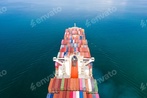 Preview: Aerial top view of cargo ship carrying container for import export goods to customer