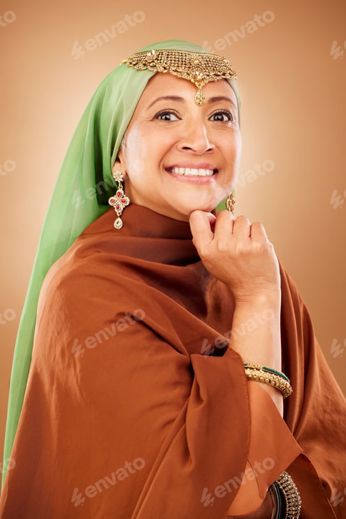 Preview: Beauty, senior and muslim model portrait with smile for skincare, anti aging and aesthetic with hij