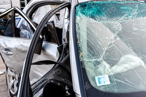 Preview: damaged vehicle closeup after a heavy crash, traffic accident, insurance concept