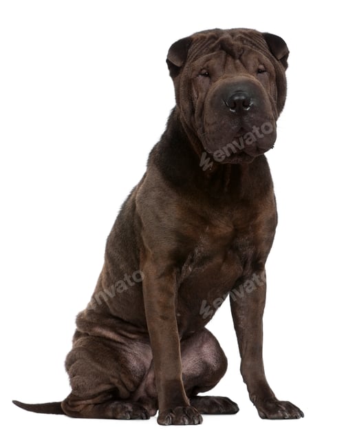Preview: Shar Pei, 1 year old, sitting in front of white background