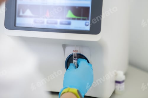 Preview: Technician in blue gloves switching on hematological analyzer